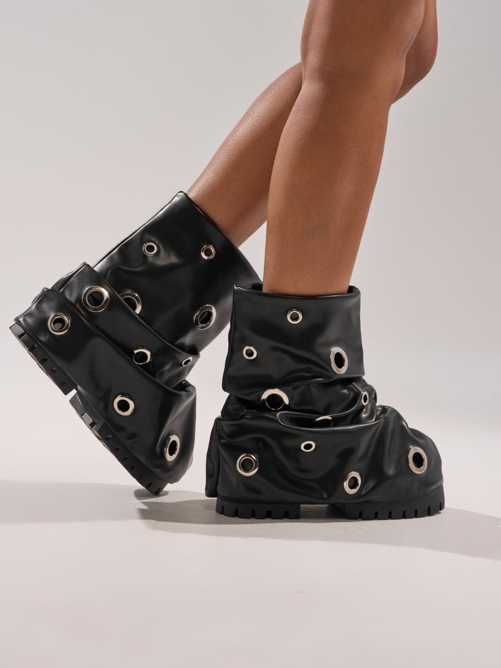 AKIRA Black Grommet-Embellished Slouchy Platform Booties